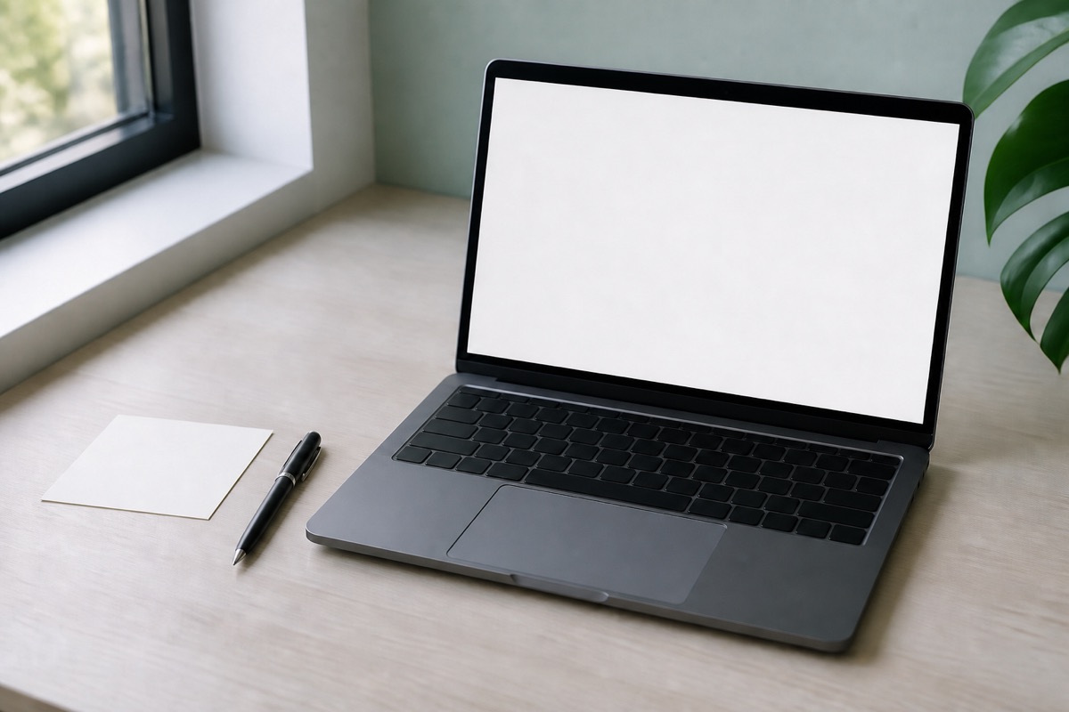 Compact laptop with a blank writing surface beside a note and pen