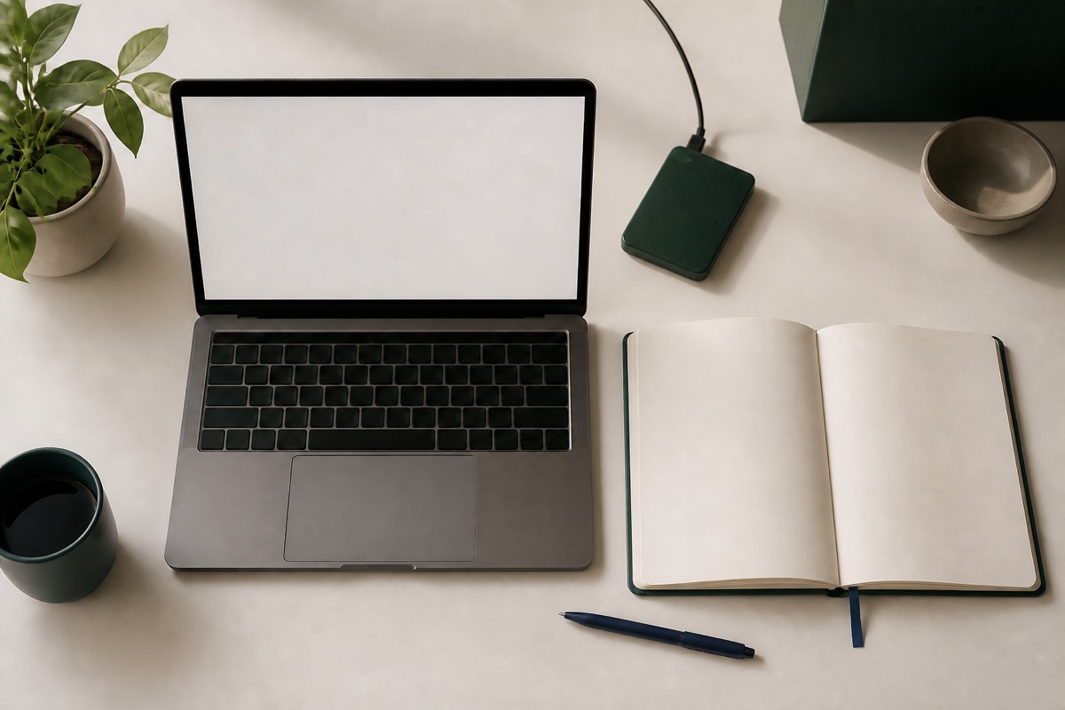 Laptop and blank paper notebook arranged for online and offline writing