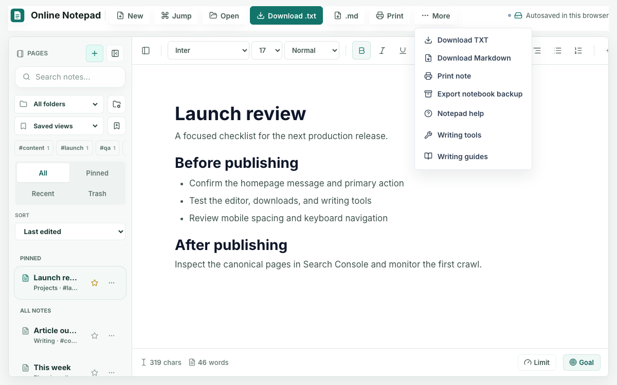 The Notepad App More menu with Markdown download, print, help, and writing tools