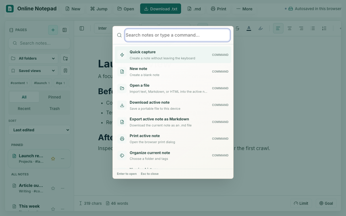 The Notepad App Jump menu for moving quickly between notes and writing actions