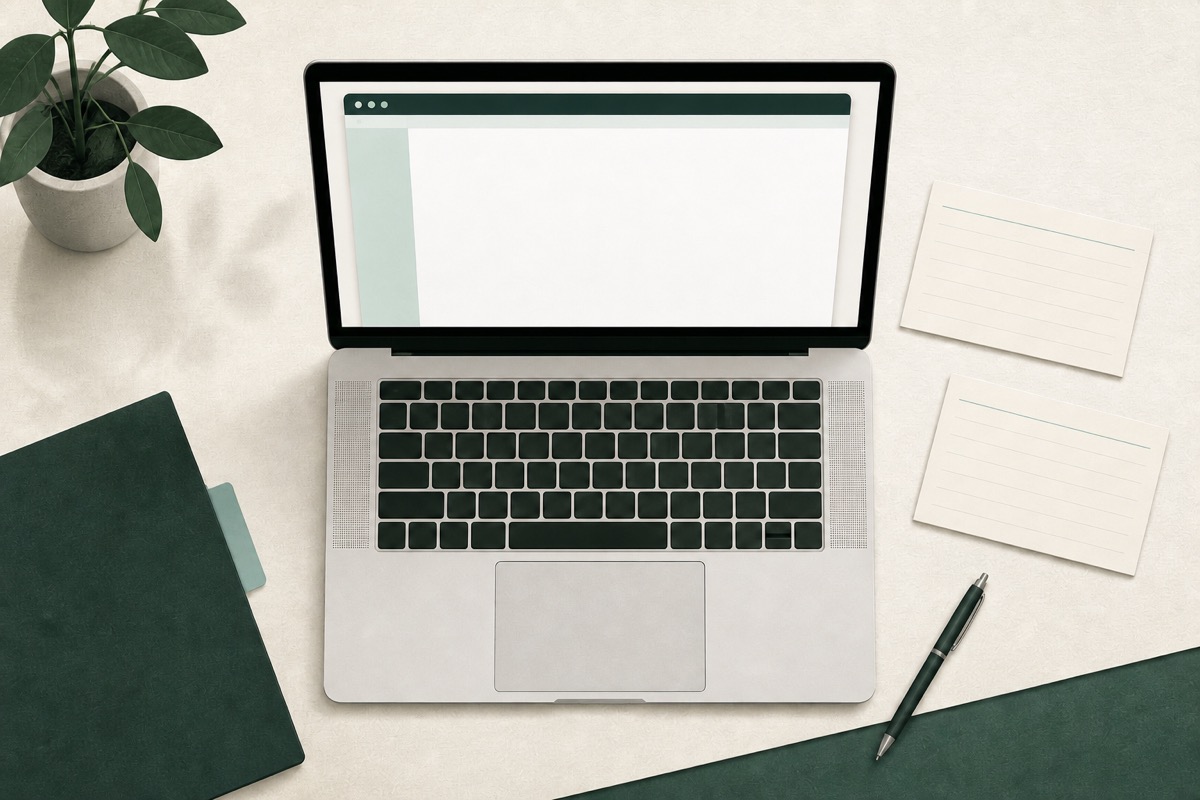 Laptop with a blank browser notepad beside paper notes and a pen
