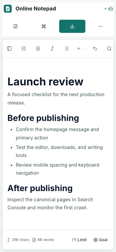 Mobile view of The Notepad App editor