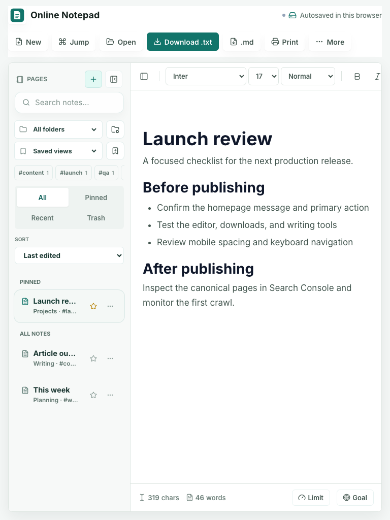 Tablet view of The Notepad App editor