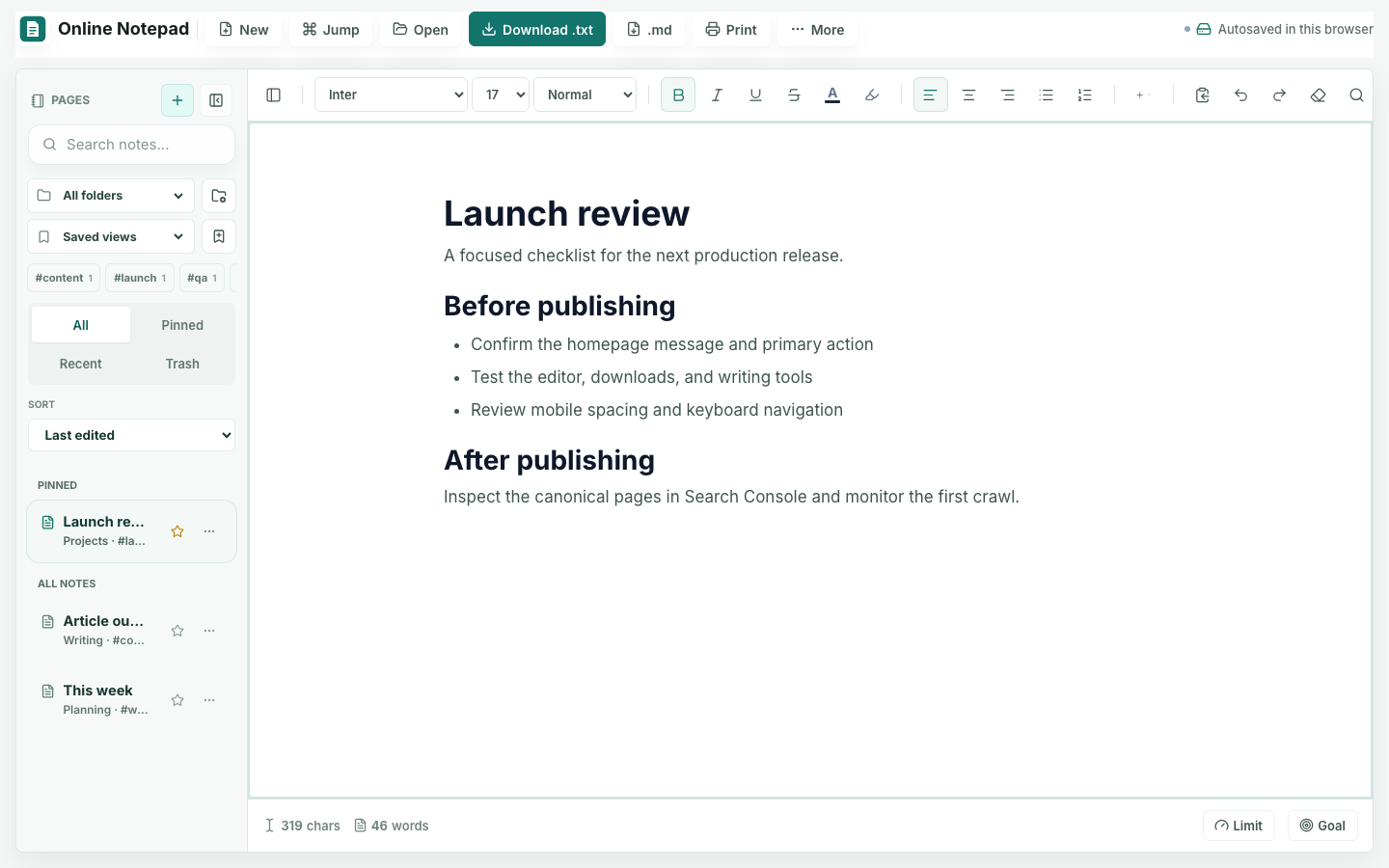 Desktop view of The Notepad App editor